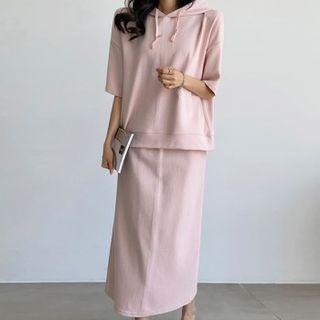 Set: Hooded Elbow-sleeve Top + Band-waist Skirt