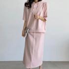 Set: Hooded Elbow-sleeve Top + Band-waist Skirt