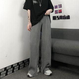 Slit-side Houndstooth Straight-cut Pants Black - One Size