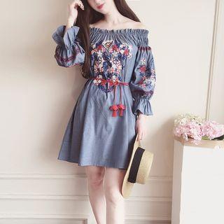 Flower Embroidered Off Shoulder 3/4 Sleeve Denim Dress
