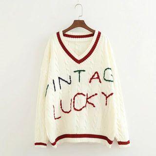 Letter V-neck Knit Top