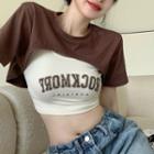 Set: Short-sleeve Shrug + Lettering Cropped Camisole Top Set - Brown - One Size