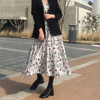 V-neck Floral Print Long Dress With Sash