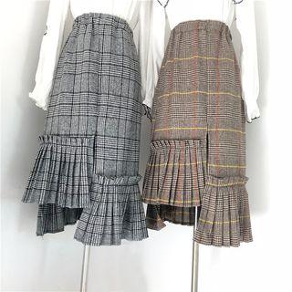 Plaid Pleated Panel A-line Midi Skirt