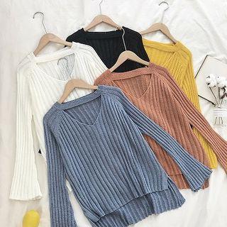 Plain Striped V-neck Asymmetric Flare-sleeve Knit Top