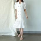 Pleated-hem Double-breasted Long Dress