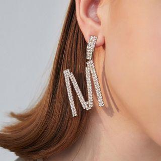 Rhinestone Letter M Dangle Earring 1 Pair - 925 Sterling Silver Pin - One Size