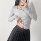 Long Sleeve Halter-neck Ribbed-knit Plain Crop Sweater