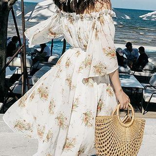 Printed Off-shoulder A-line Chiffon Dress