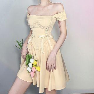 Off Shoulder Ruffled-trim Lace-up A-line Dress