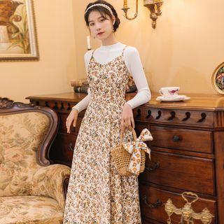 Long-sleeve Plain Knit Top / Flower Print Midi Overall Dress / Set