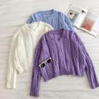 Plain Cable-knit V-neck Long-sleeve Sweater