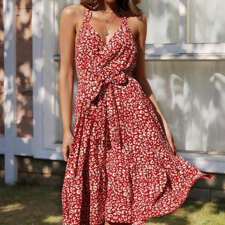 Halter-neck V-neck Floral Print Tie-waist Midi Dress