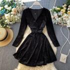 Velvet Long-sleeve Rhinestone Wrap A-line Dress