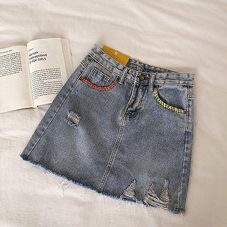 Asymmetric Distressed High-waist Denim Frayed Skirt