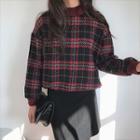 Mock-neck Plaid Pullover Plaid - Red & Black - One Size