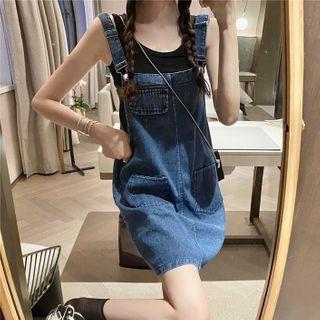 Mini A-line Denim Overall Dress Dark Blue - One Size
