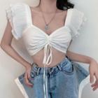 Cap-sleeve Frill Trim Drawcord Crop Top White - One Size