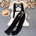 Set Of 3 : Color Block Tube Top + Plain Long-sleeve Cardigan + High-waist Drawstring Wide-leg Pants Black - One Size