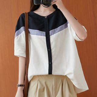 Elbow-sleeve Striped Panel Blouse Black & White - One Size