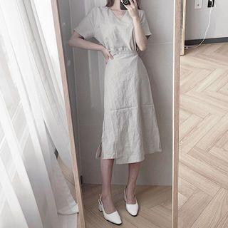 Short Sleeve V-neck Plain Wrapped A-line Dress