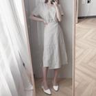 Short Sleeve V-neck Plain Wrapped A-line Dress