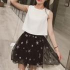 Set: Bow Accent Cropped Tank Top + Star Sequined Mesh Skirt