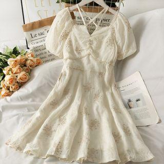 Strappy Pearl-trim Embroidered Midi Dress