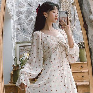Puff-sleeve Heart Print Midi A-line Dress