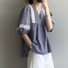 Puff-sleeve Lace Panel Gingham Blouse