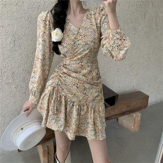 Long-sleeve Floral Ruched Midi Dress