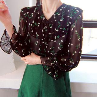 V-neck Frilled-detail Pattern Blouse