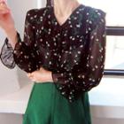 V-neck Frilled-detail Pattern Blouse