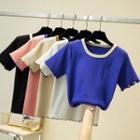 Embroidered Lettuce Edge Short-sleeve Knit Cropped Top