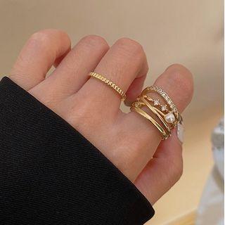 Set: Rhinestone Faux Pearl Layered Alloy Open Ring + Alloy Ring