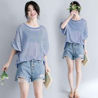 Striped Round-neck Long-sleeve T Shirt Blue - L