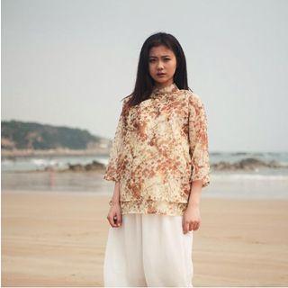 3/4-sleeve Floral Silk Top