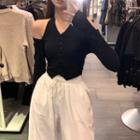 Long-sleeve Off-shoulder Halter Top / High-waist Drawstring Sweatpants