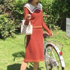 Set: Crochet Trim Collar Sweater + A-line Knit Skirt