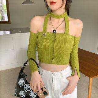 Long-sleeve Cold Shoulder Top Pickle Green - One Size
