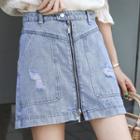 Distressed Zip Detail Denim Mini A-line Skirt