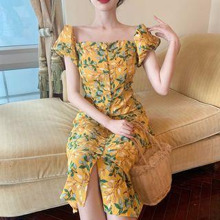 Puff-sleeve Buttoned Printed A-line Midi Dress Yellow - One Size