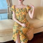 Puff-sleeve Buttoned Printed A-line Midi Dress Yellow - One Size