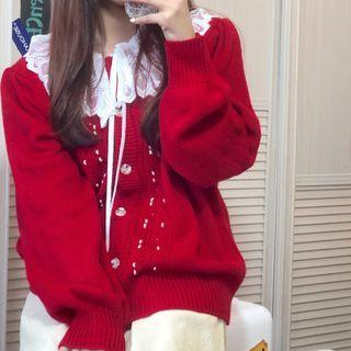 Lace Trim Blouse / Pointelle Knit Cardigan / Midi A-line Skirt