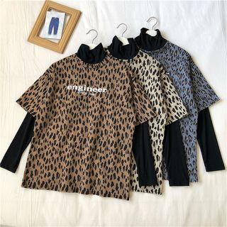 Mock Two-piece Long-sleeve Leopard Print Top