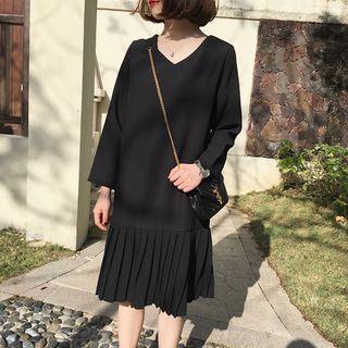 Pleated Panel Long-sleeve V-neck Dress