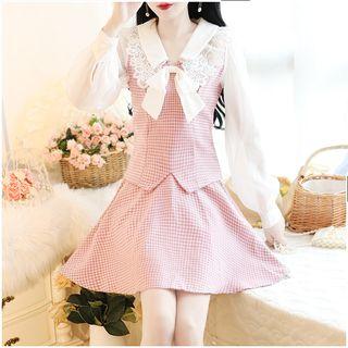 Set: Plaid Lace Panel Blouse + Mini A-line Skirt