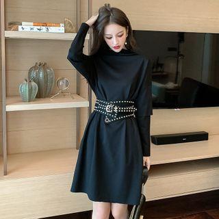 Long-sleeve Plain Dress With Studded Belt