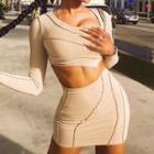 Set: Contrast Stitch Long-sleeve Crop Top + Contrast Stitch Mini Skirt