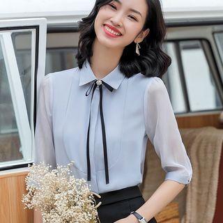 Elbow-sleeve Chiffon Paneled Ribbon Shirt / Mini Pencil Skirt / Dress Pants